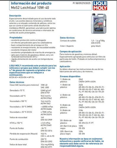 Aceite 10w40 Semisintetico Mos2 Leichlauf Liqui Moly 1l 4