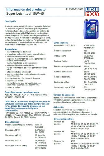 Aceite 10w40 Hidrocraqueado Super Leichtlauf Liqui Moly 1l 2